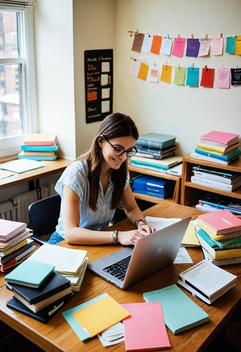 An inviting study scene featuring a cozy desk piled with colorful used textbooks, a laptop showing online bookstore websites, and a student happily sorting through cash. Include elements of a calculator, sticky notes with tips, and a steaming cup of coffee to reflect a productive atmosphere. Use warm, vibrant colors and a touch of whimsy to engage the reader. super-realistic. vibrant colors. cozy setting.