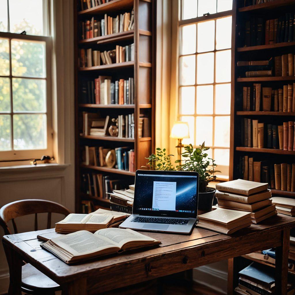 An inviting cozy scene featuring a vintage wooden desk adorned with an open laptop displaying multiple online book marketplaces. Surrounding the laptop are stacks of beautifully worn used books, some open with pages fluttering, illuminating the joy of reading. A warm cup of coffee sits beside the laptop, and sunlight streams through a nearby window, casting a gentle glow on the scene. The background is filled with shelves of more books, creating an atmosphere of discovery and knowledge. super-realistic. warm colors. cozy ambiance.